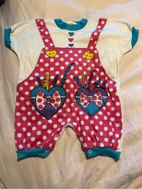 vintage double trouble onesie printed overalls tshirt polka dots ribbon bows 18m